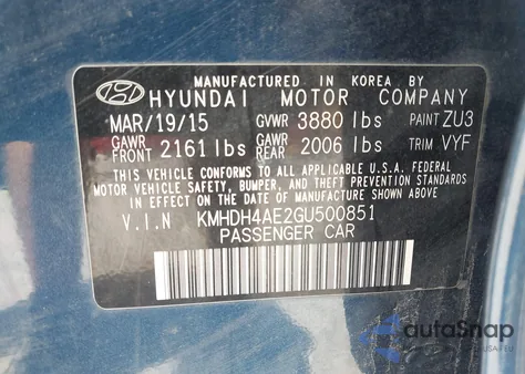 2016 Hyundai Elantra Se z USA, uszkodzony, nr VIN KMHDH4AE2GU500851